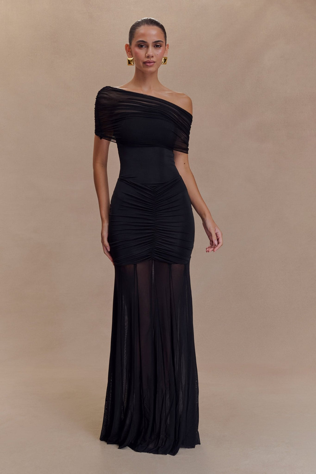 Caspian Slinky And Mesh Off Shoulder Maxi Dress - 2