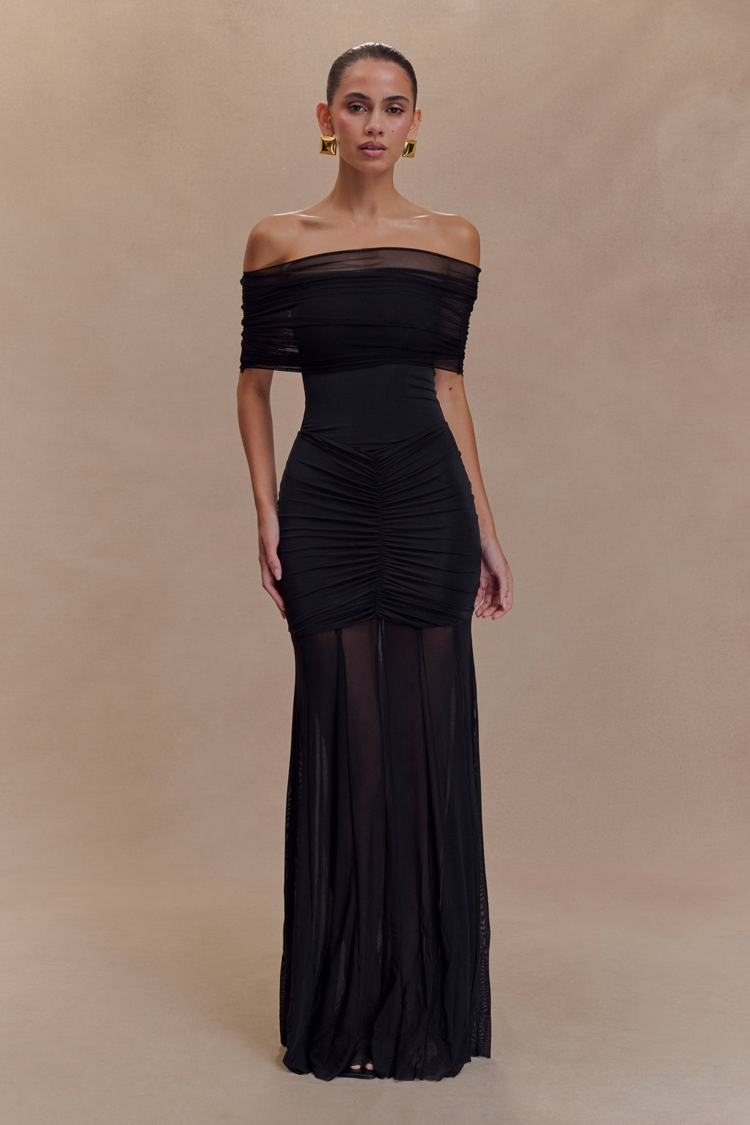 Caspian Slinky And Mesh Off Shoulder Maxi Dress - 1