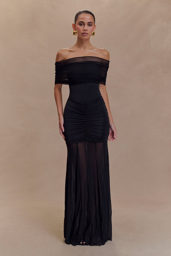 Caspian Slinky And Mesh Off Shoulder Maxi Dress - 1