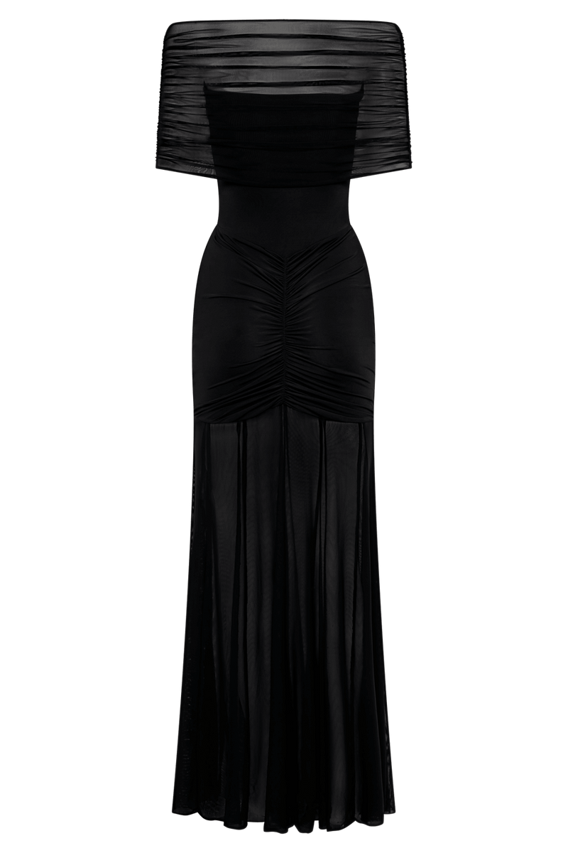Caspian Slinky And Mesh Off Shoulder Maxi Dress