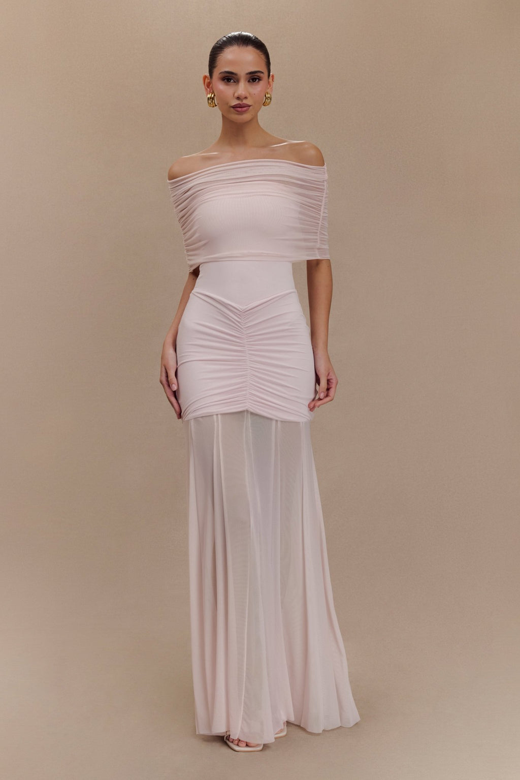 Caspian Slinky And Mesh Off Shoulder Maxi Dress - 16