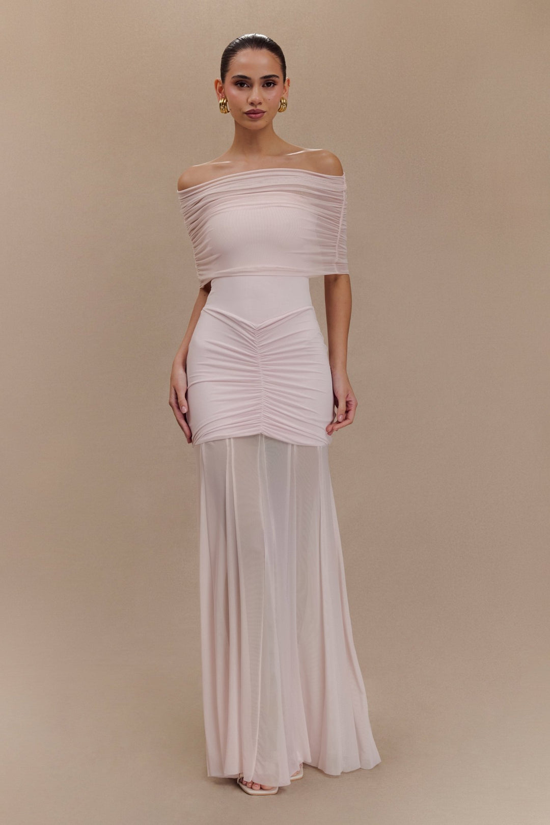 Caspian Slinky And Mesh Off Shoulder Maxi Dress - 16