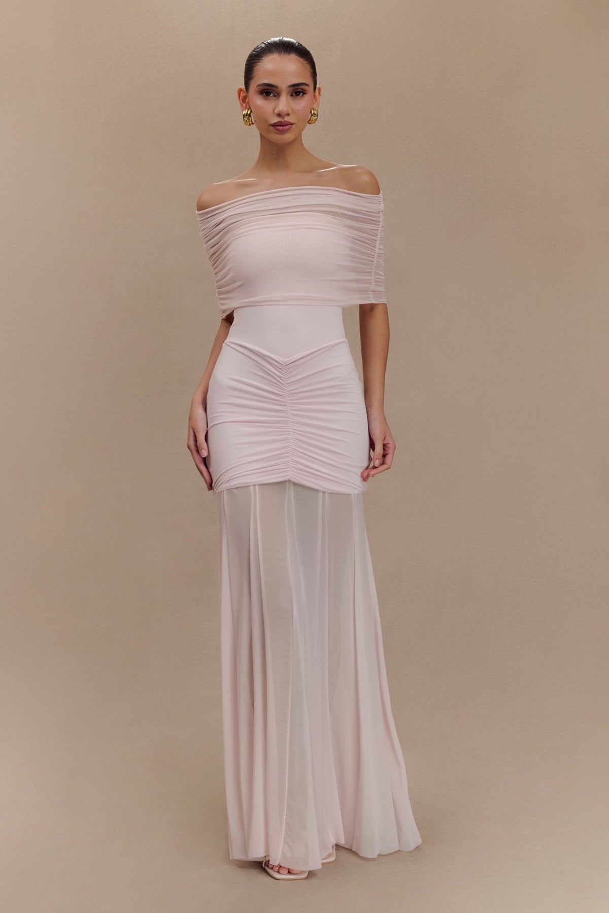 Caspian Slinky And Mesh Off Shoulder Maxi Dress - 16
