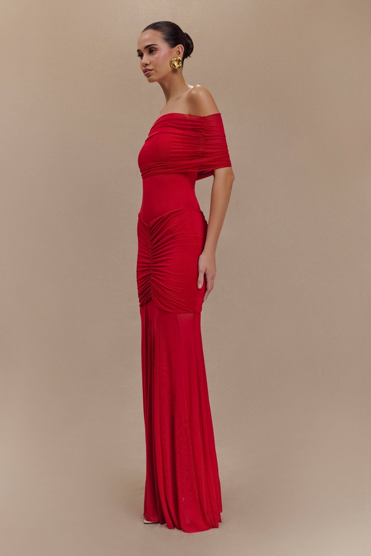 Caspian Slinky And Mesh Off Shoulder Maxi Dress - 10