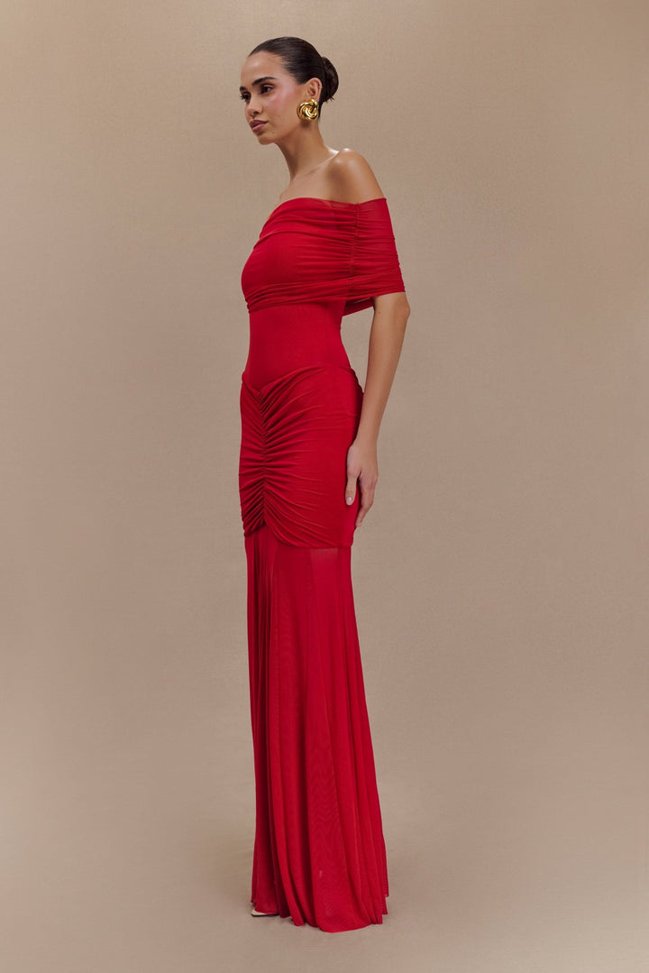 Caspian Slinky And Mesh Off Shoulder Maxi Dress - 10
