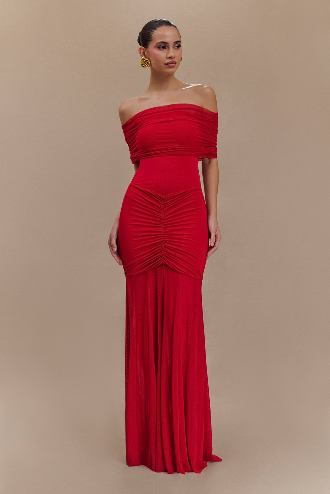 Caspian Slinky And Mesh Off Shoulder Maxi Dress - 8