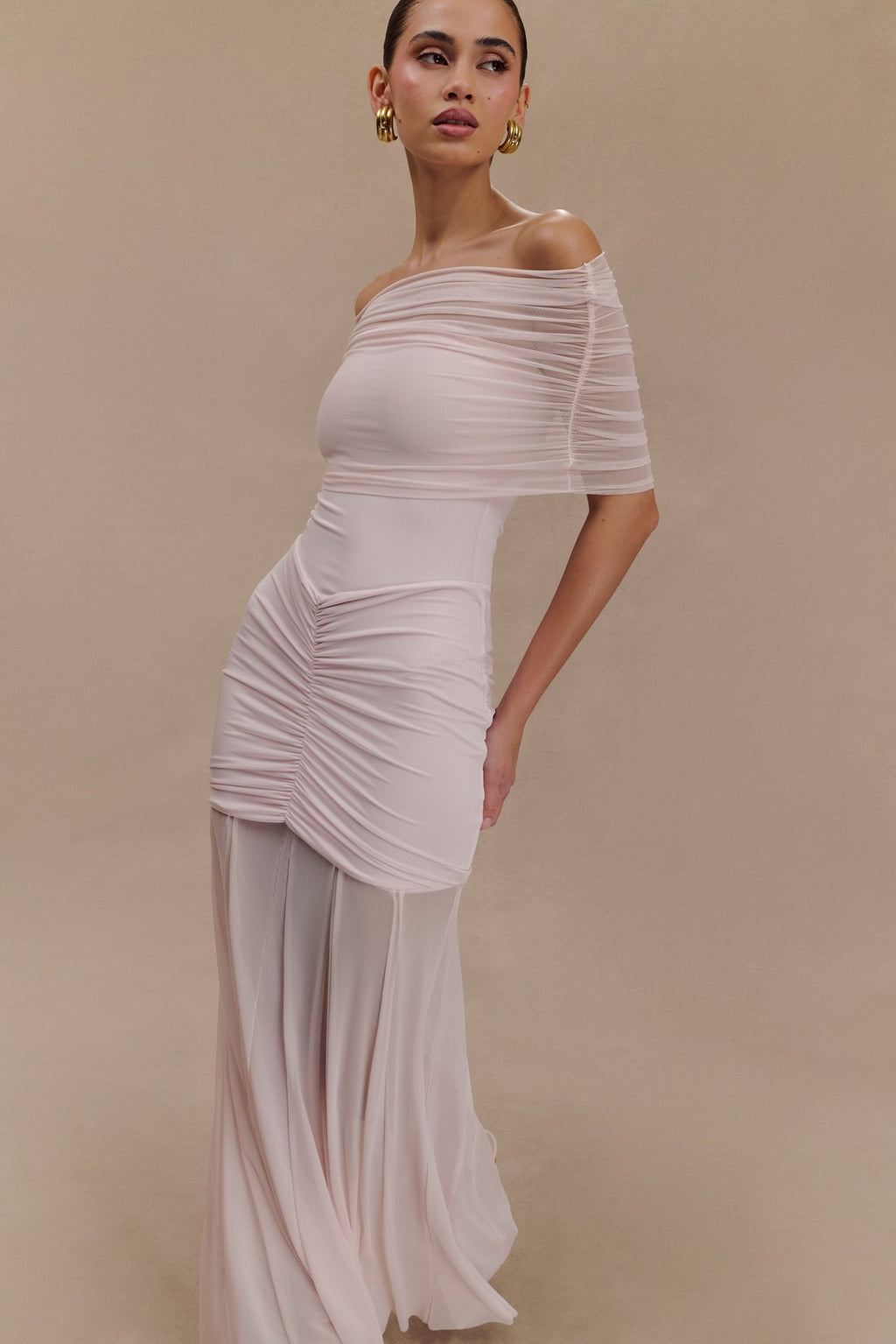 Caspian Slinky And Mesh Off Shoulder Maxi Dress - 19
