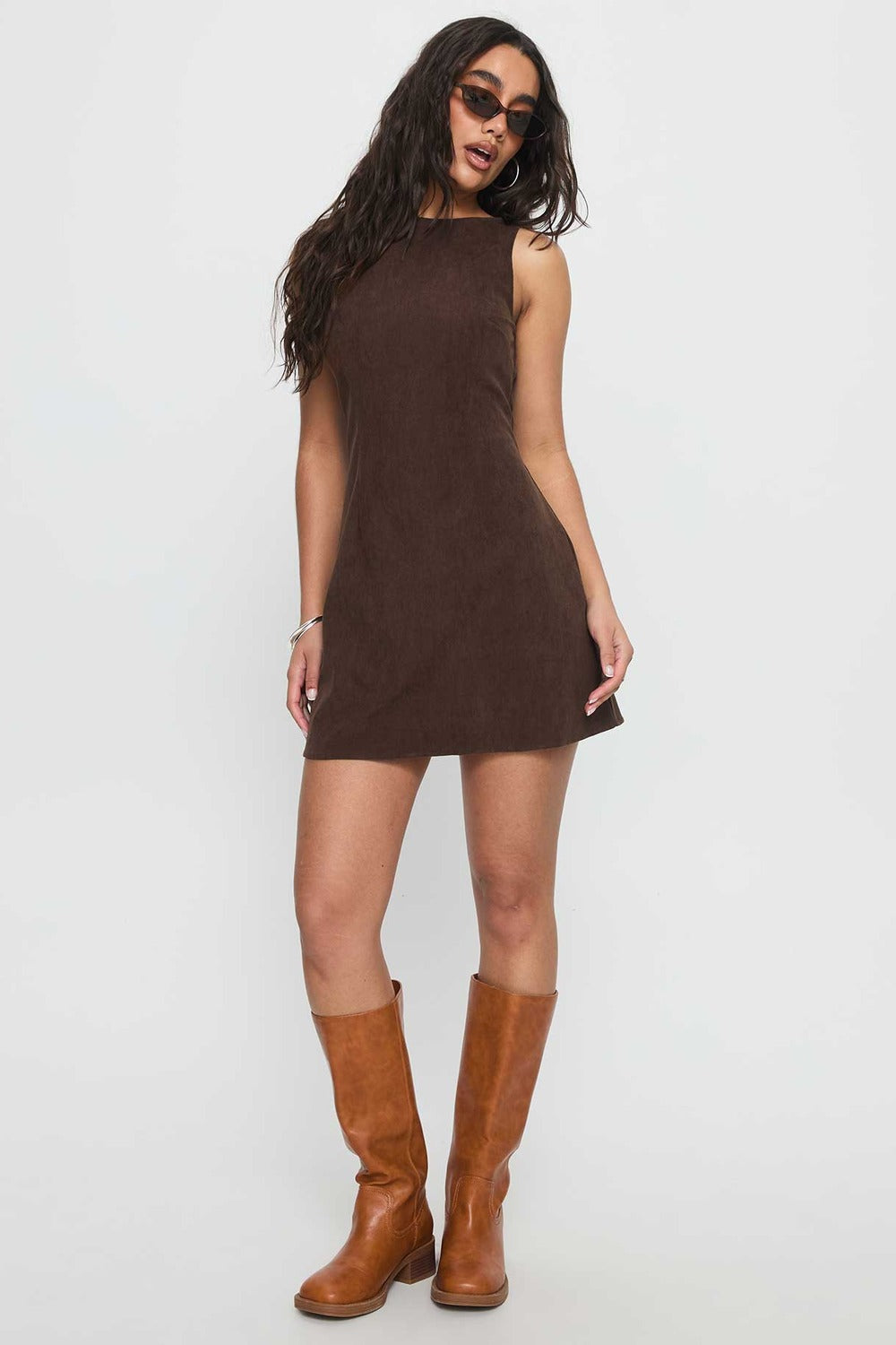 Marlowe Corduroy High-Neck Mini Dress in Chocolate – full length with boots