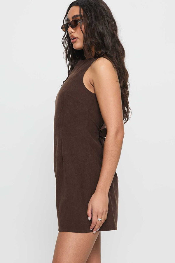 Marlowe Corduroy High-Neck Mini Dress in Chocolate – side