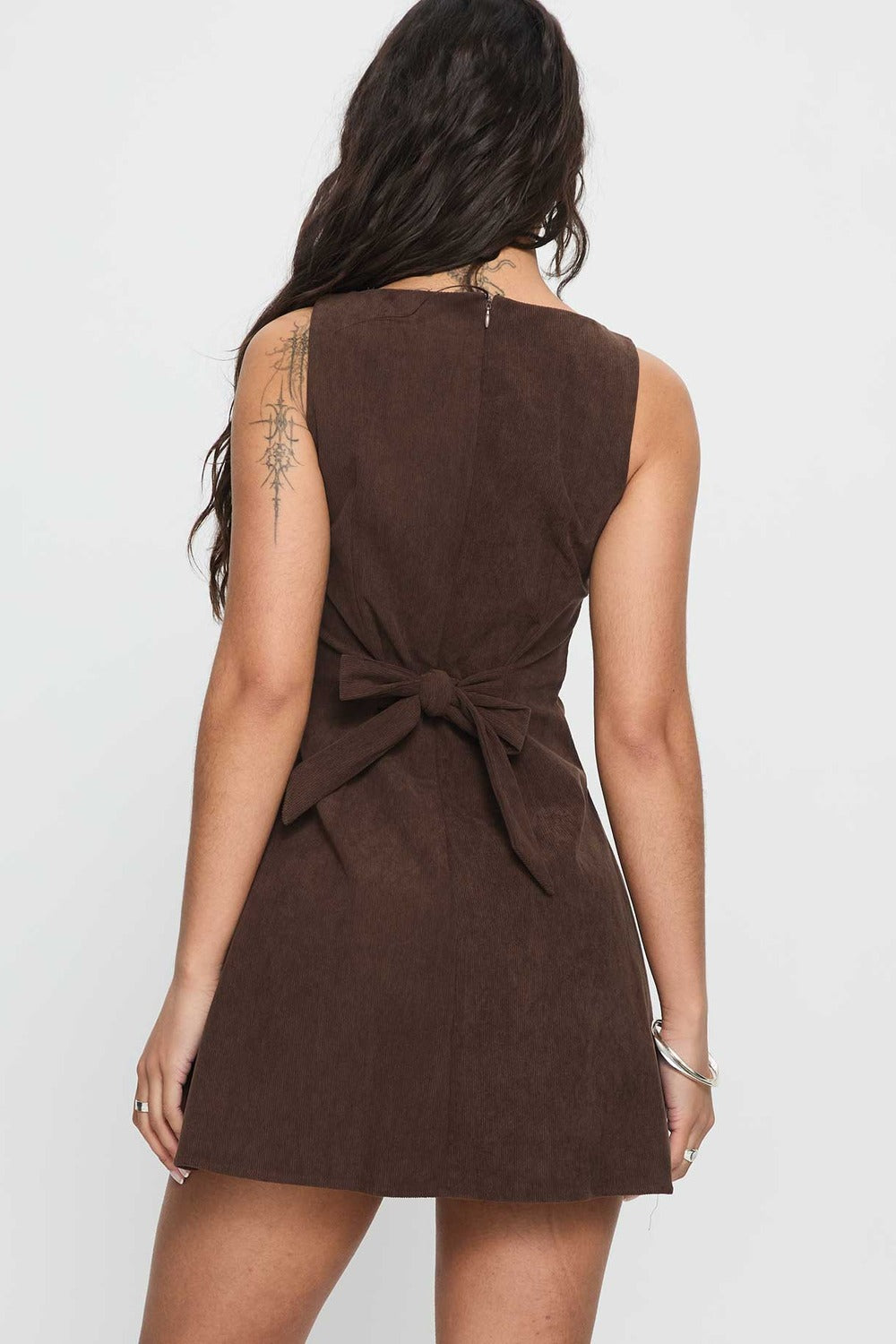 Marlowe Corduroy High-Neck Mini Dress in Chocolate – back tie
