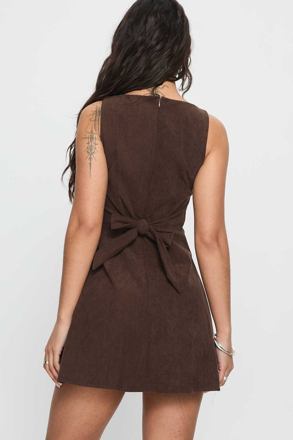 Marlowe Corduroy High-Neck Mini Dress in Chocolate – back tie