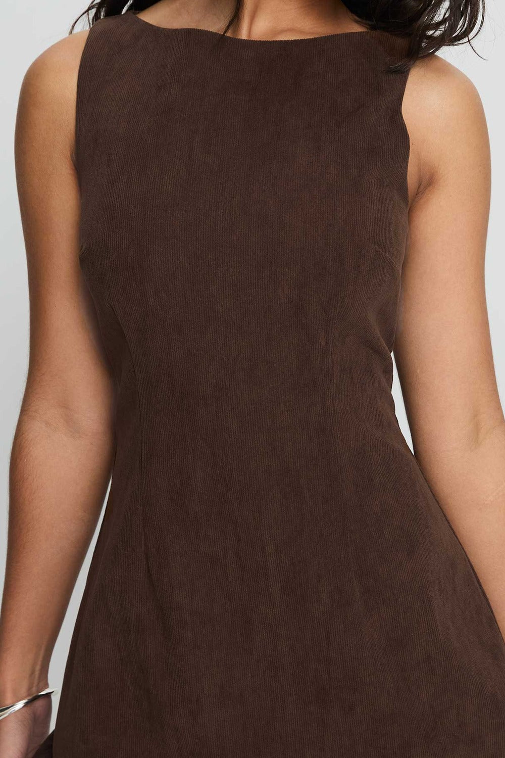 Marlowe Corduroy High-Neck Mini Dress in Chocolate – neckline close-up