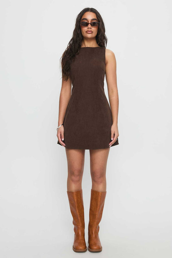 Marlowe Corduroy High-Neck Mini Dress in Chocolate – full front