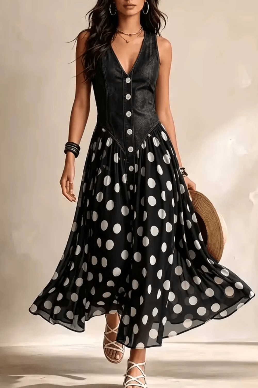 Elara Polka-Dot Chiffon Midi Dress - 4