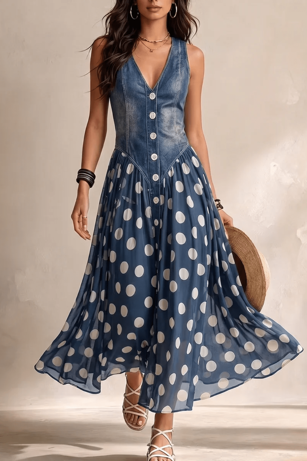 Elara Polka-Dot Chiffon Midi Dress - 1