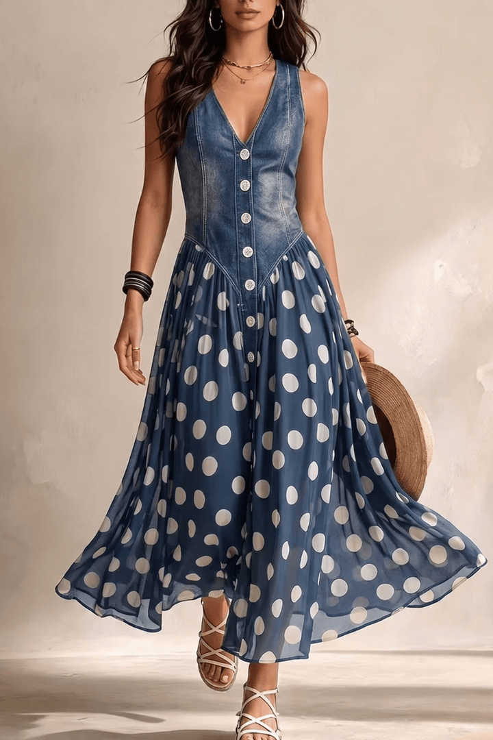 Elara Polka-Dot Chiffon Midi Dress - 1