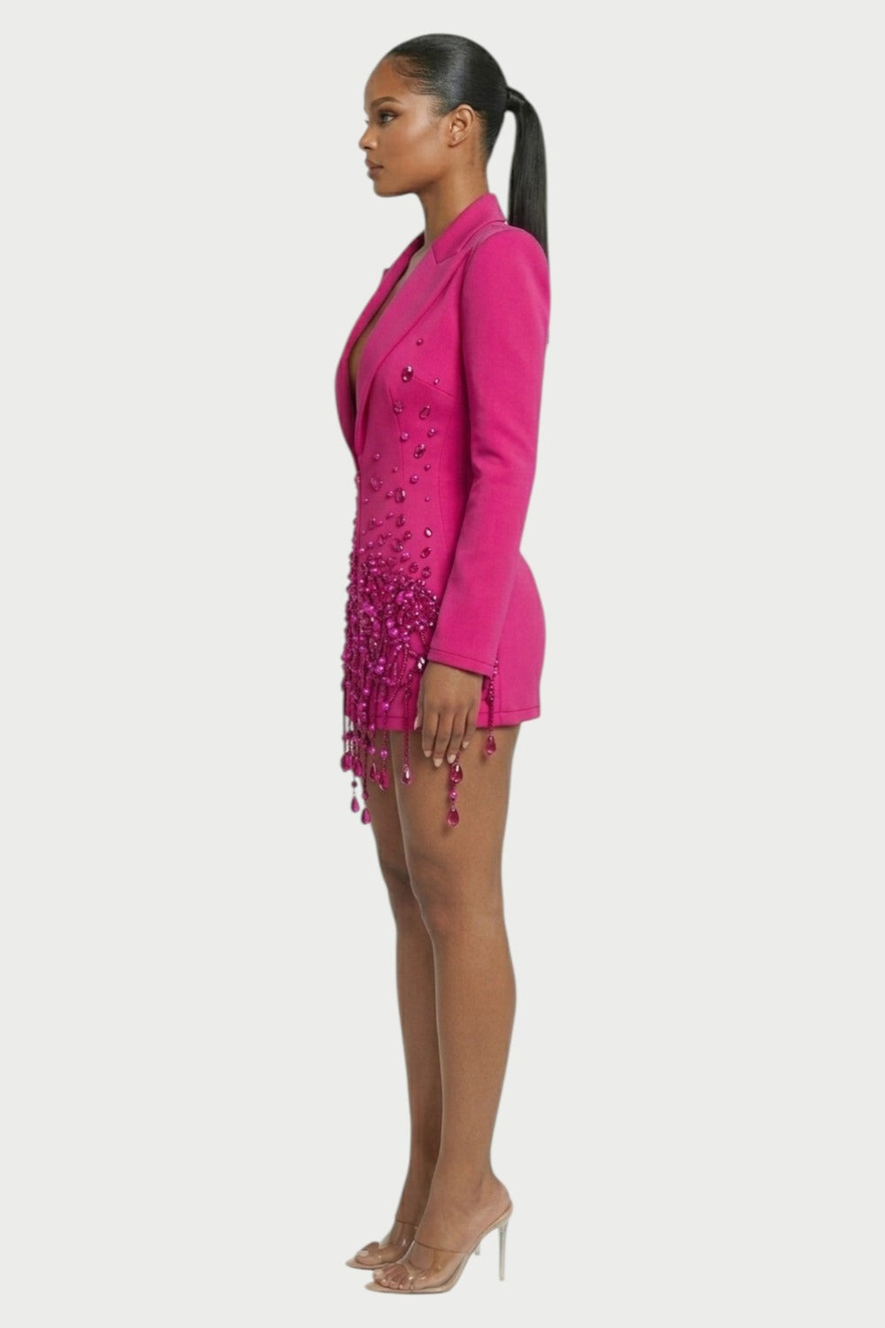 Vesper Crystal-Fringe Blazer Mini Dress in Fuchsia – 3