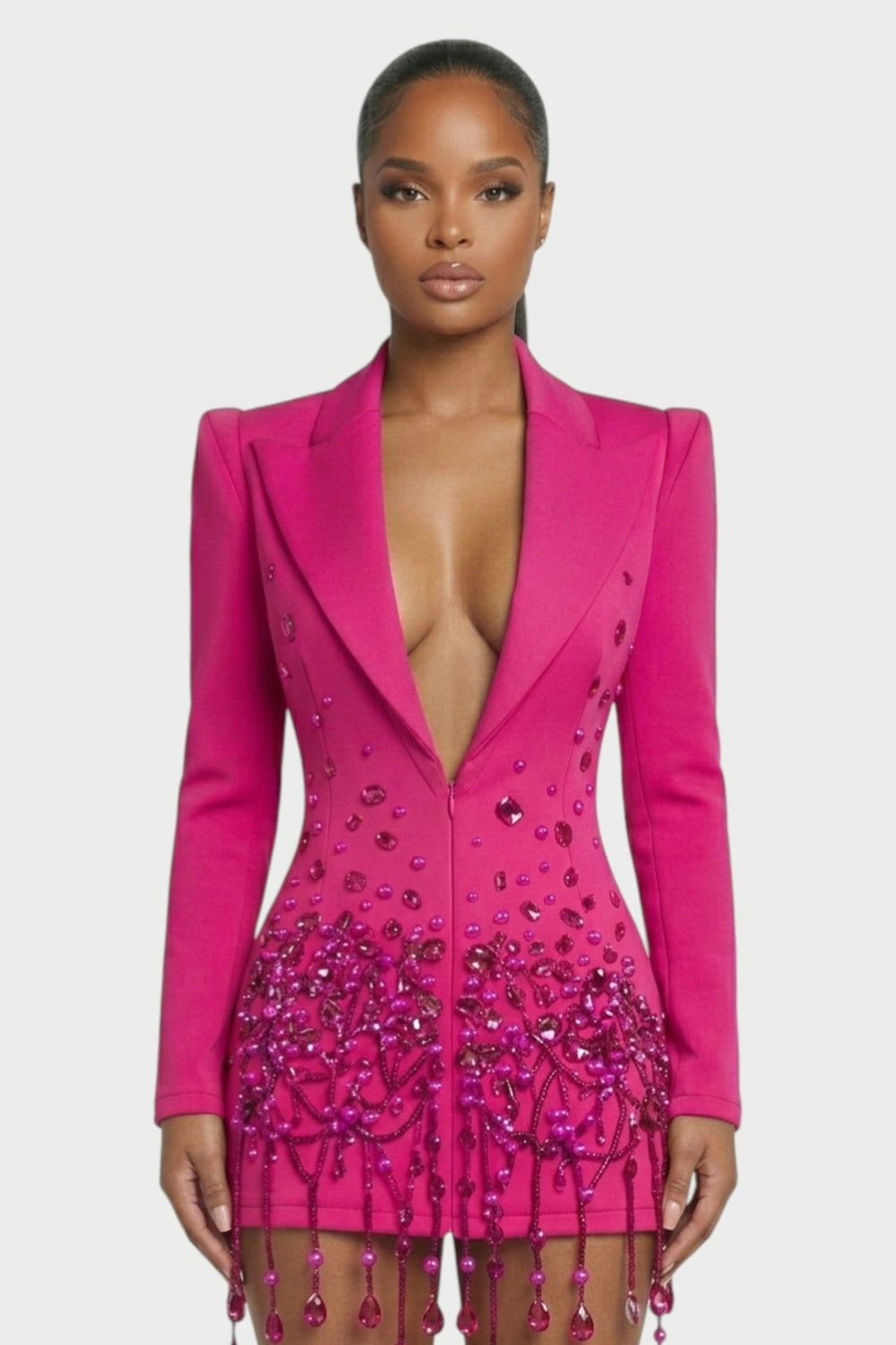 Vesper Crystal-Fringe Blazer Mini Dress in Fuchsia – 4
