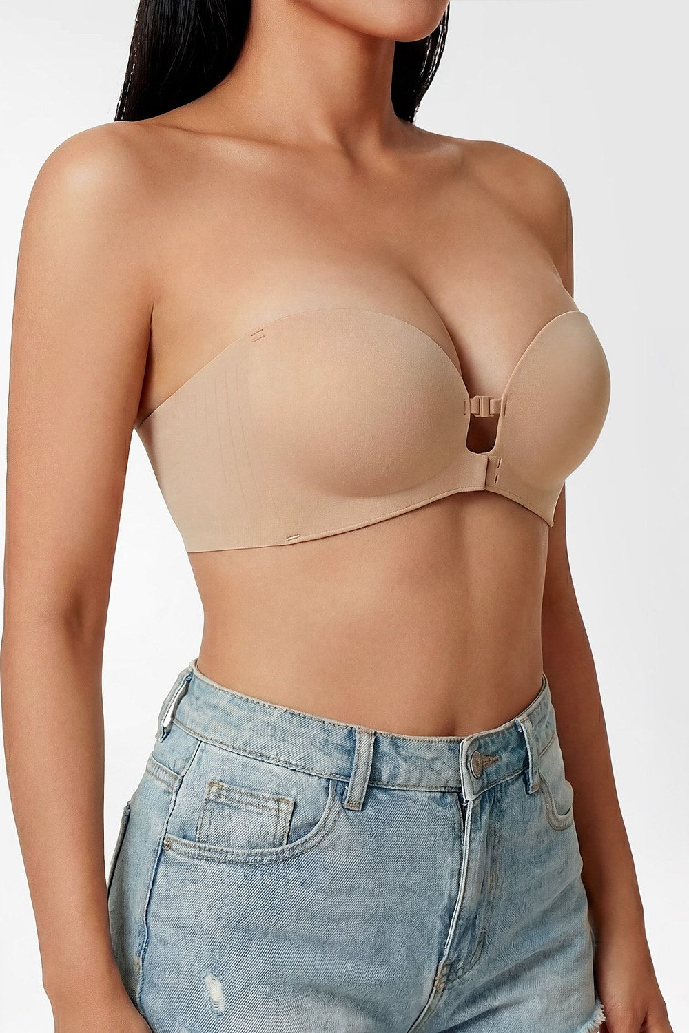 Ida Non-Slip Strapless Push-Up Bra in Light Nude – three-quarter, with jeans