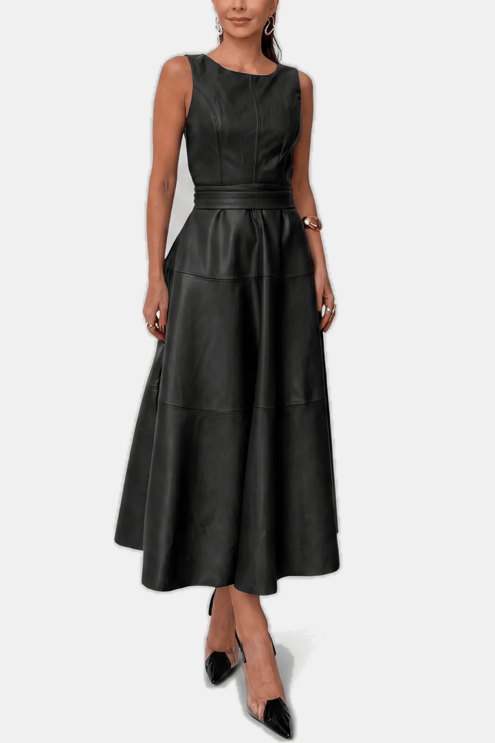 Leah Belted Faux-Leather Midi Dress - 4