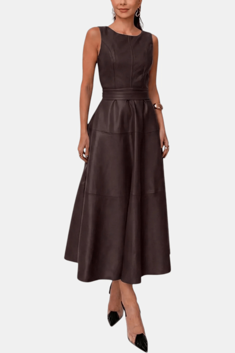 Leah Belted Faux-Leather Midi Dress - 3