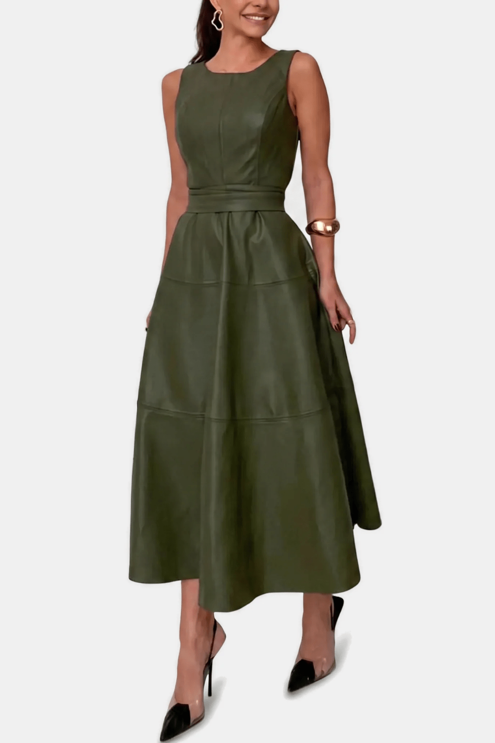 Leah Belted Faux-Leather Midi Dress - 1