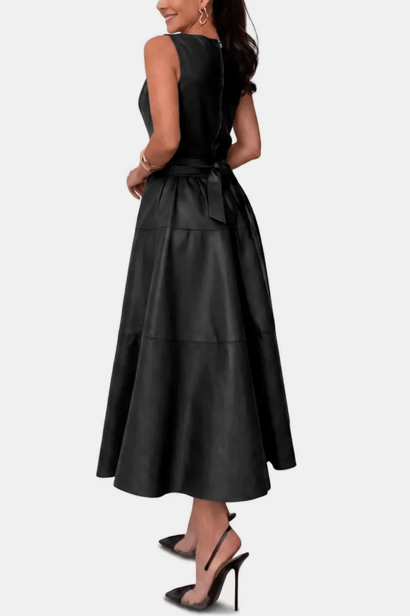 Leah Belted Faux-Leather Midi Dress