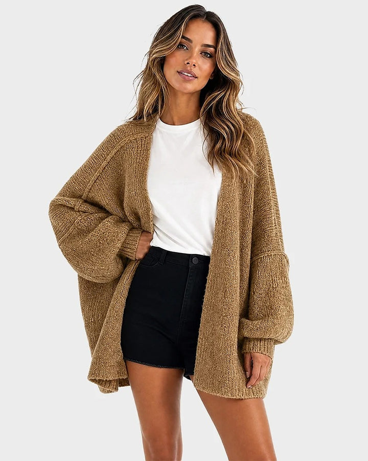 Liora Oversized Lantern-Sleeve Knit Cardigan - Camel