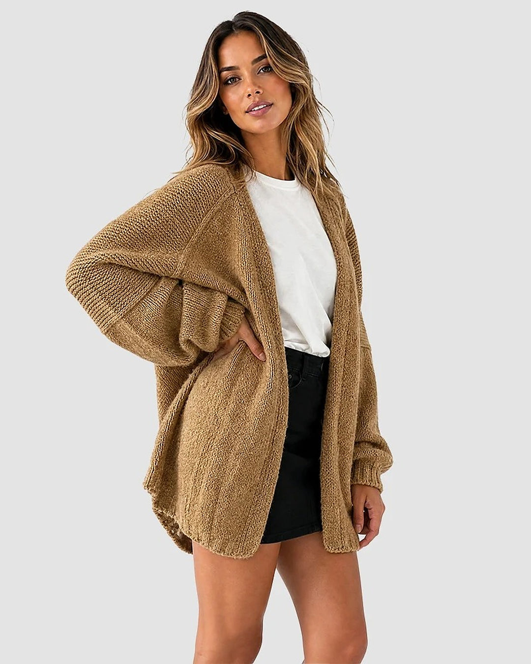 Liora Oversized Lantern-Sleeve Knit Cardigan - Camel