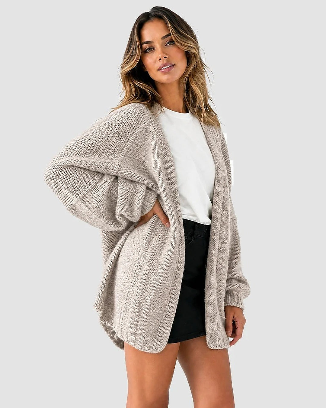 Liora Oversized Lantern-Sleeve Knit Cardigan - Khaki