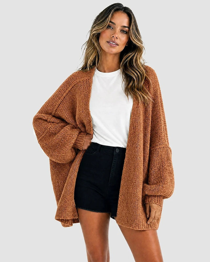 Liora Oversized Lantern-Sleeve Knit Cardigan - Caramel