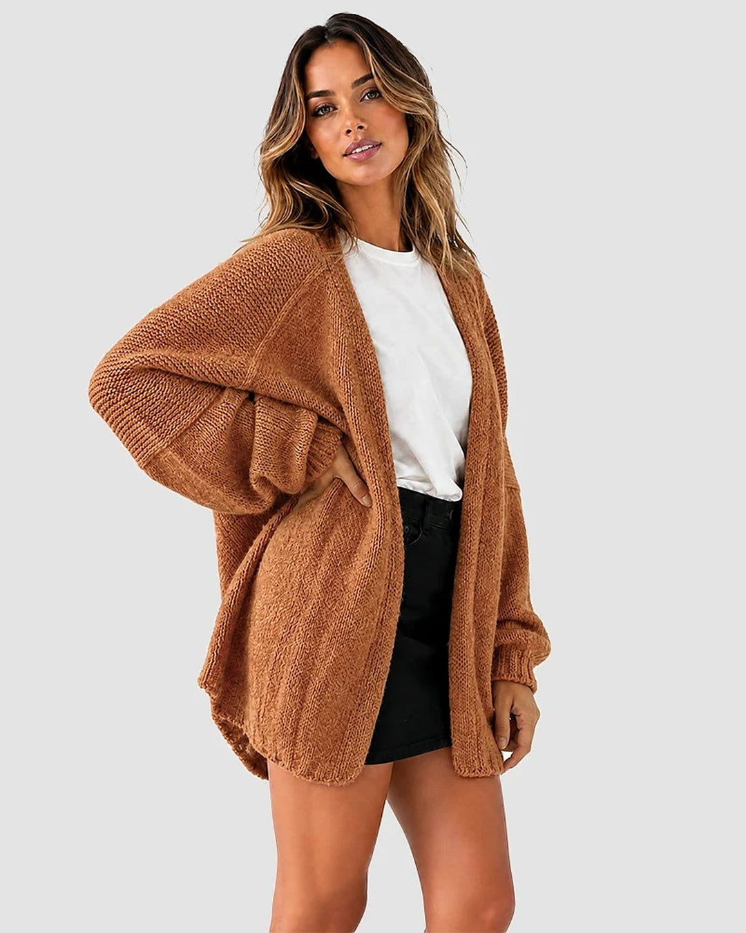 Liora Oversized Lantern-Sleeve Knit Cardigan - Caramel