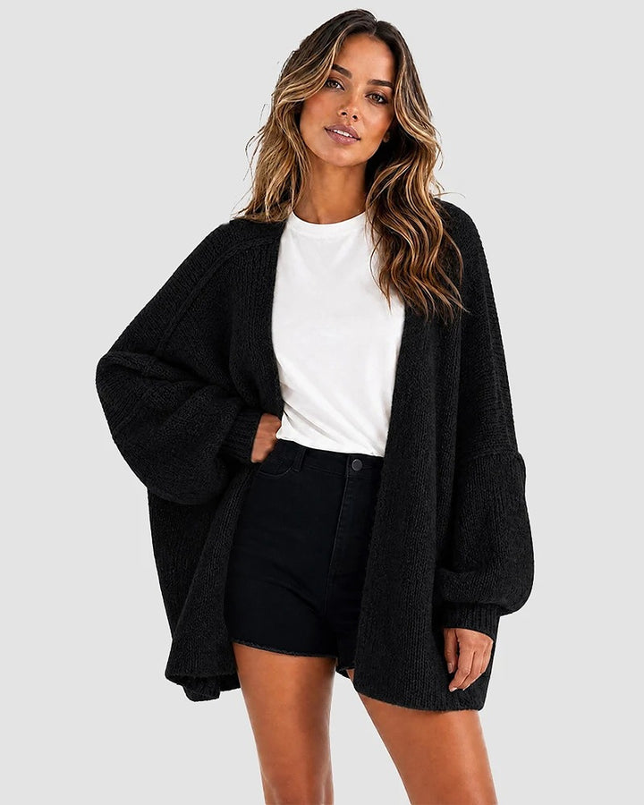 Liora Oversized Lantern-Sleeve Knit Cardigan - Black