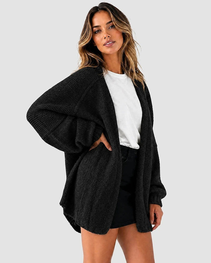 Liora Oversized Lantern-Sleeve Knit Cardigan - Black
