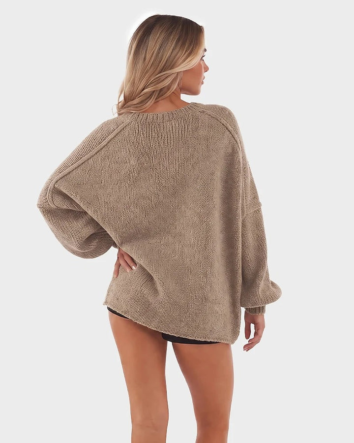 Liora Oversized Lantern-Sleeve Knit Cardigan - Light Coffee