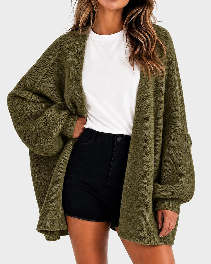 Liora Oversized Lantern-Sleeve Knit Cardigan - Army Green