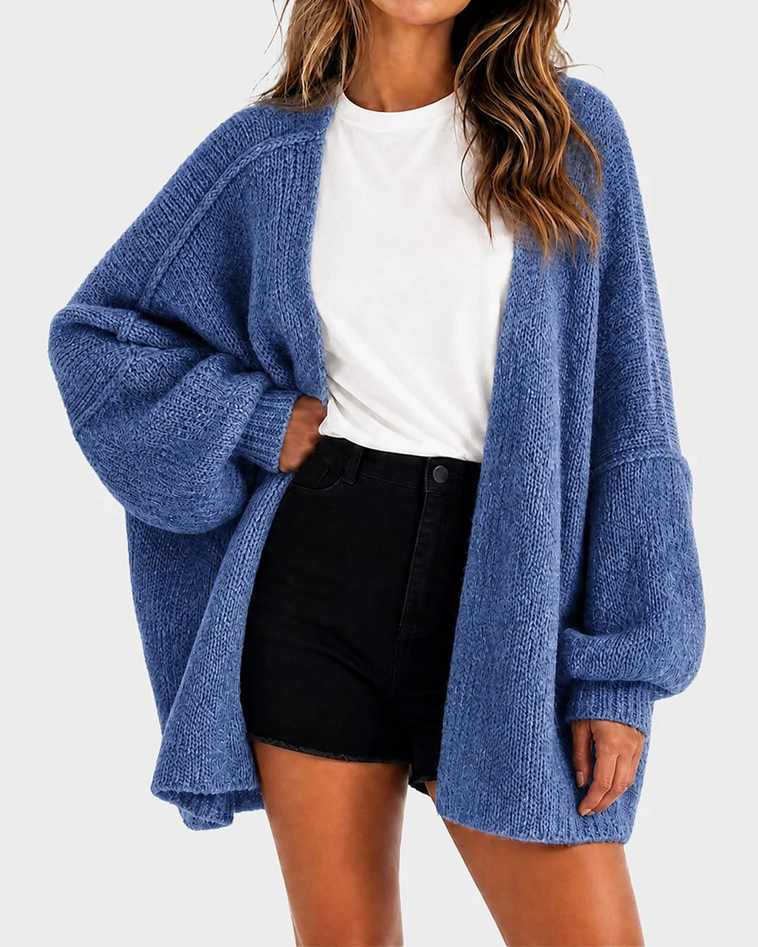 Liora Oversized Lantern-Sleeve Knit Cardigan - Blue