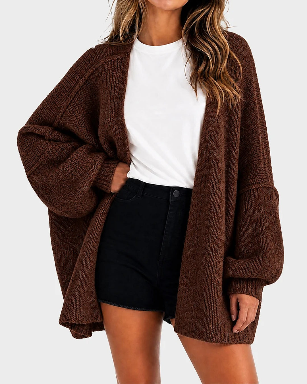 Liora Oversized Lantern-Sleeve Knit Cardigan - Chocolate