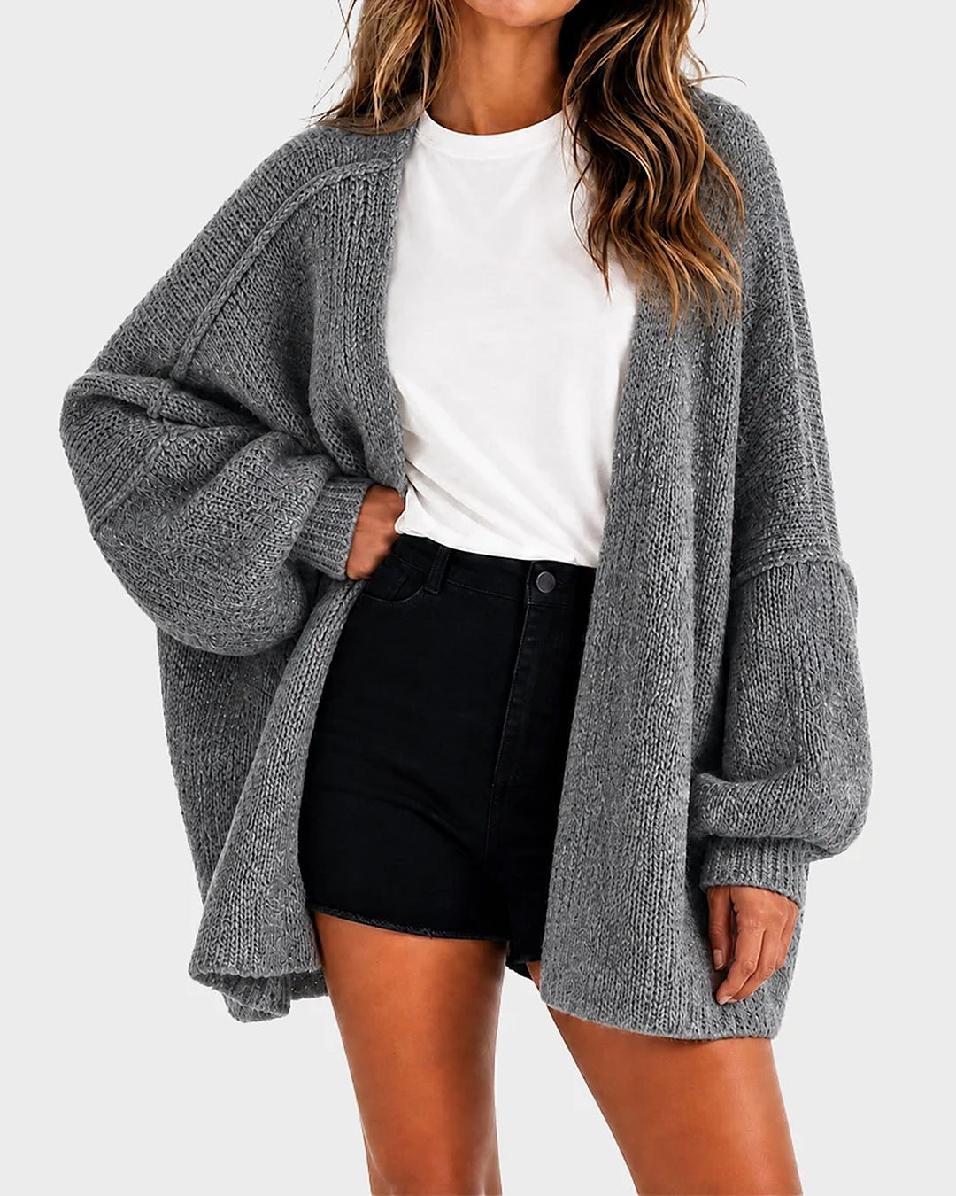 Liora Oversized Lantern-Sleeve Knit Cardigan - Grey