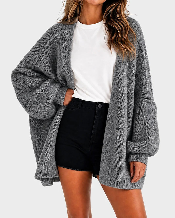 Liora Oversized Lantern-Sleeve Knit Cardigan - Grey
