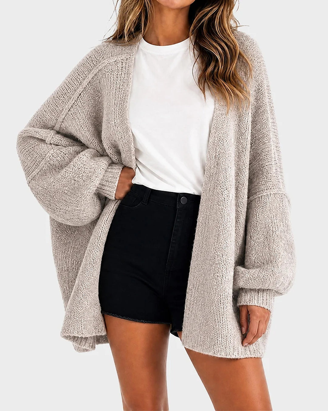 Liora Oversized Lantern-Sleeve Knit Cardigan - Light Grey