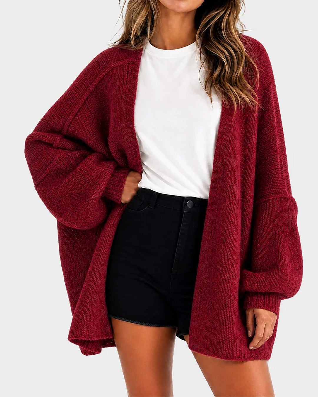 Liora Oversized Lantern-Sleeve Knit Cardigan - Wine Red
