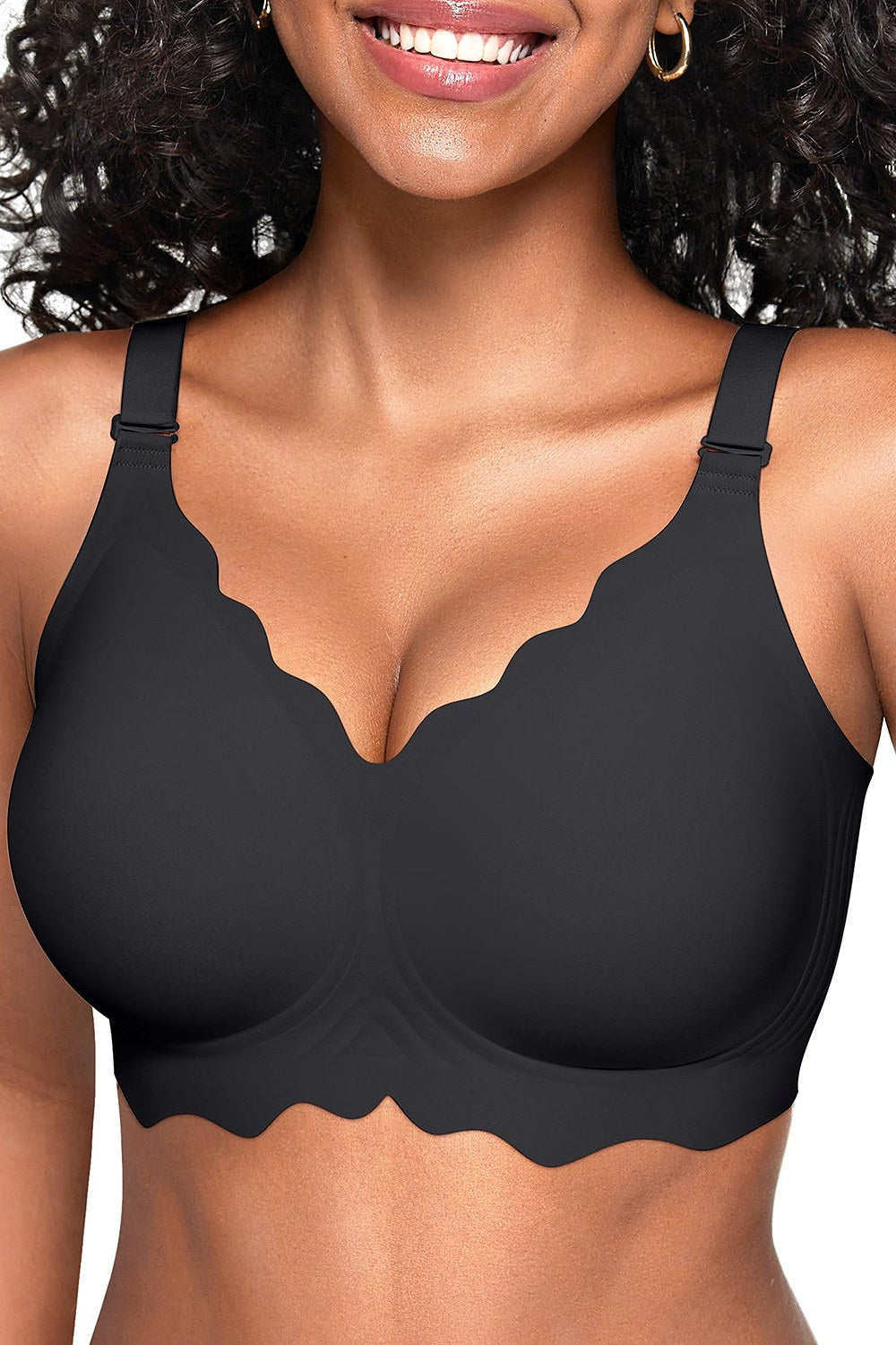 Lotte Scalloped Wire-Free Full-Coverage Bra in Black – front