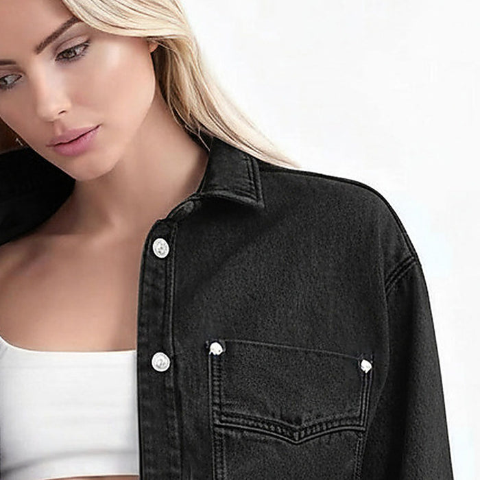 Margot Drop-Shoulder Denim Jacket - detail: Pointed collar, metal buttons