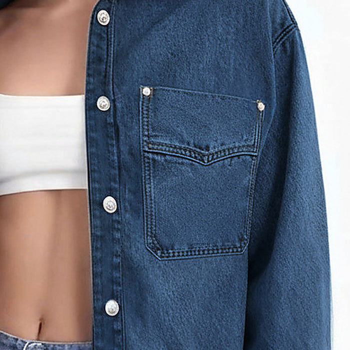 Margot Drop-Shoulder Denim Jacket - detail: Chest pocket with metal rivets