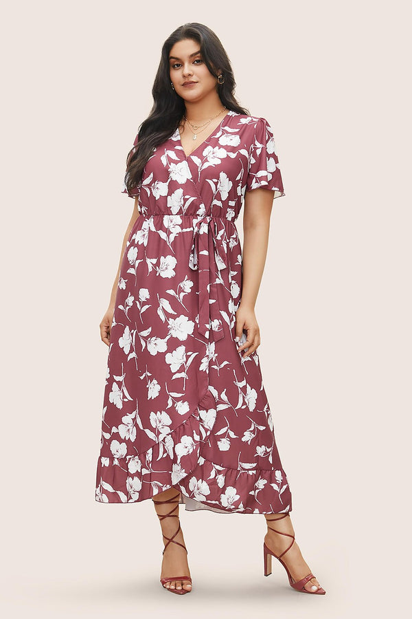 Marigold Ruffle Wrap Midi Dress in Dusty Pink – front