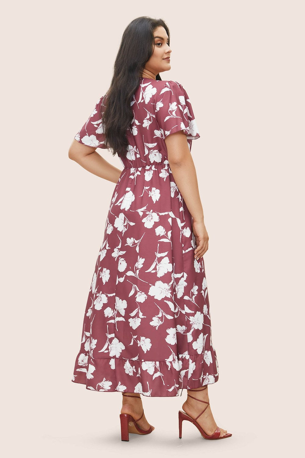 Marigold Ruffle Wrap Midi Dress in Dusty Pink – back