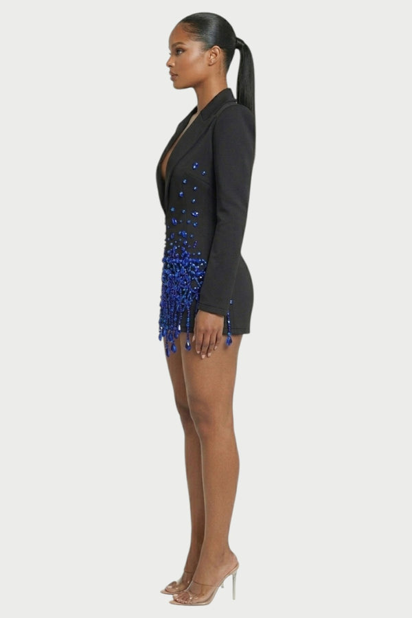 Vesper Crystal-Fringe Blazer Mini Dress in Midnight Sapphire – 3