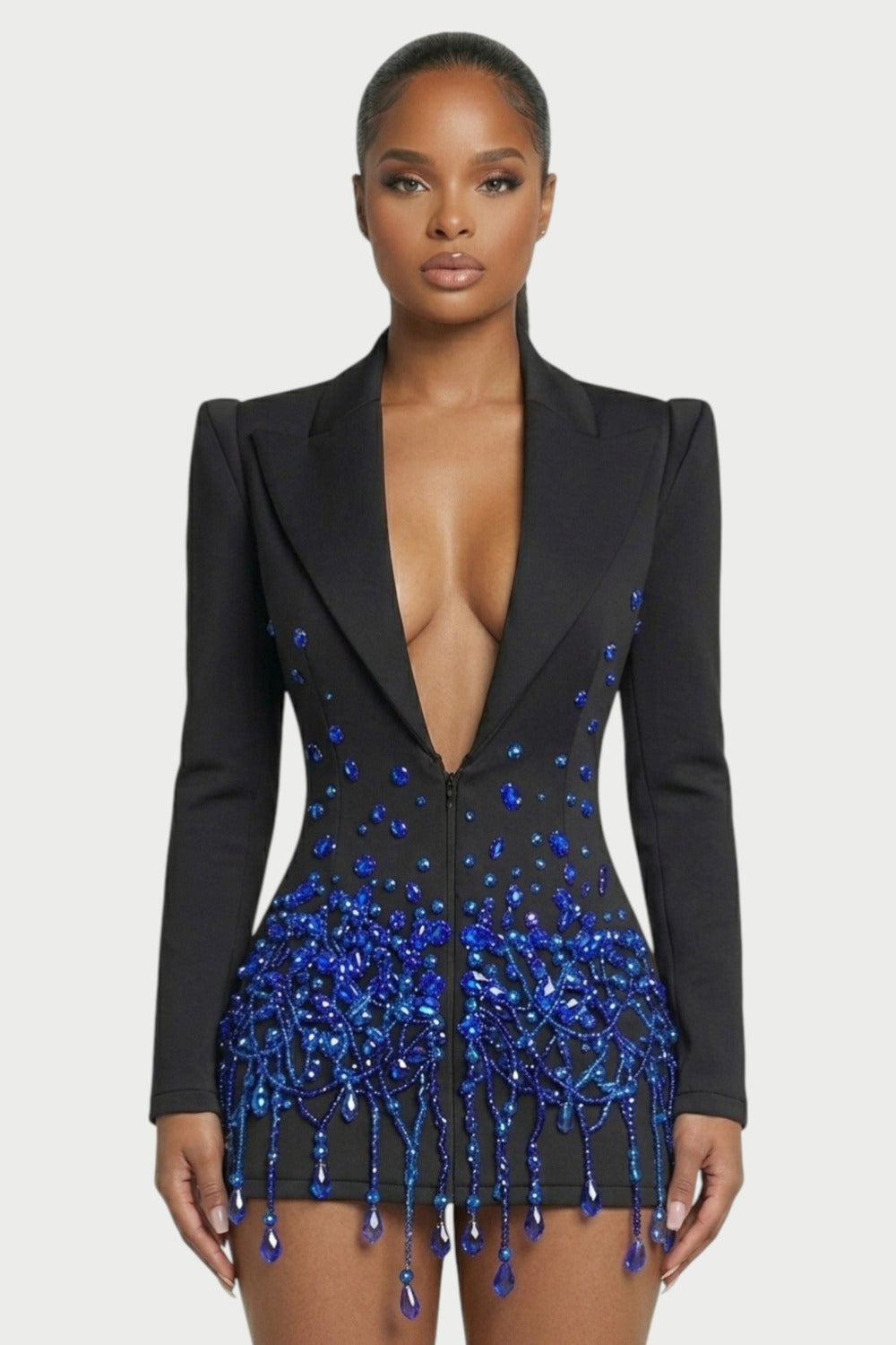Vesper Crystal-Fringe Blazer Mini Dress in Midnight Sapphire – 5