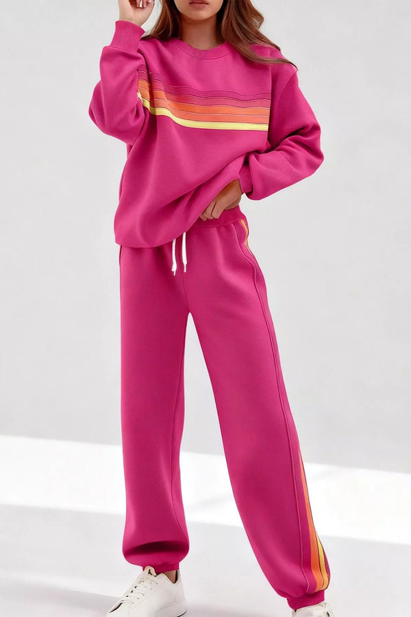 Noor Striped Crew-Neck Sweatshirt & Pants Set in Raspberry – front